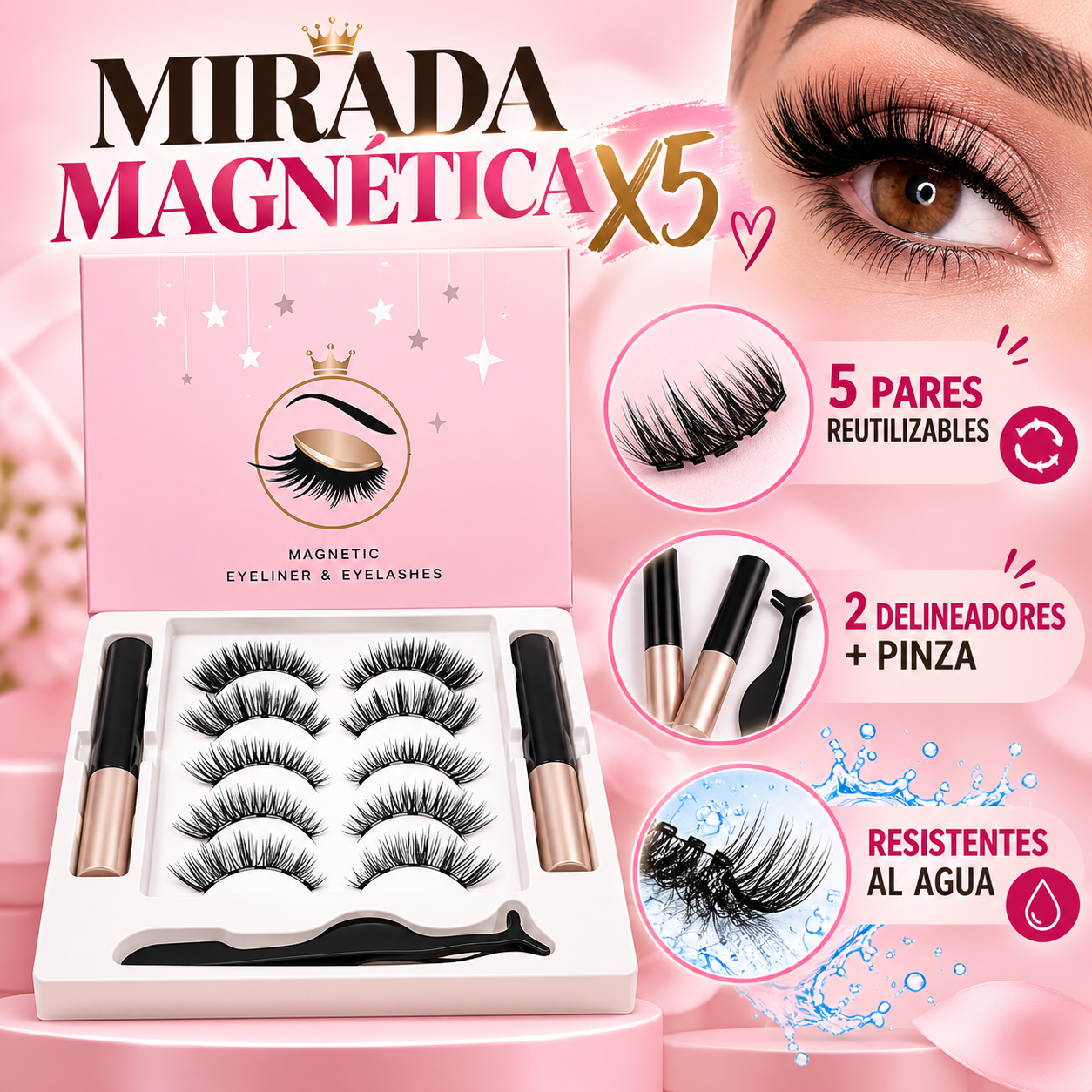 Kit de Pestañas Magnéticas X5 +🎁 Gratis 2 delineadores magnéticos + pinza